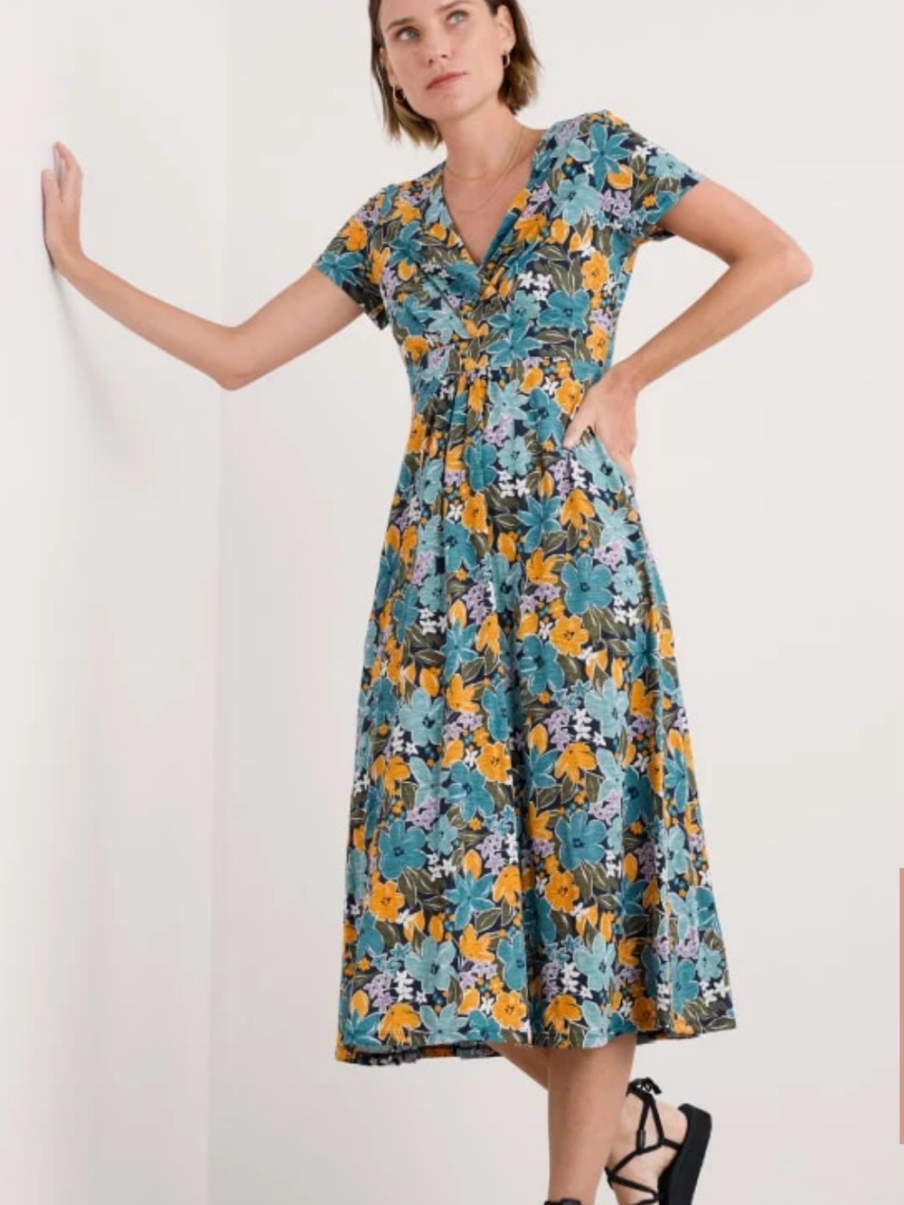 Seasalt Cornwall Chapelle Organic Cotton Midi Dress Citrus Floral Poseidon M